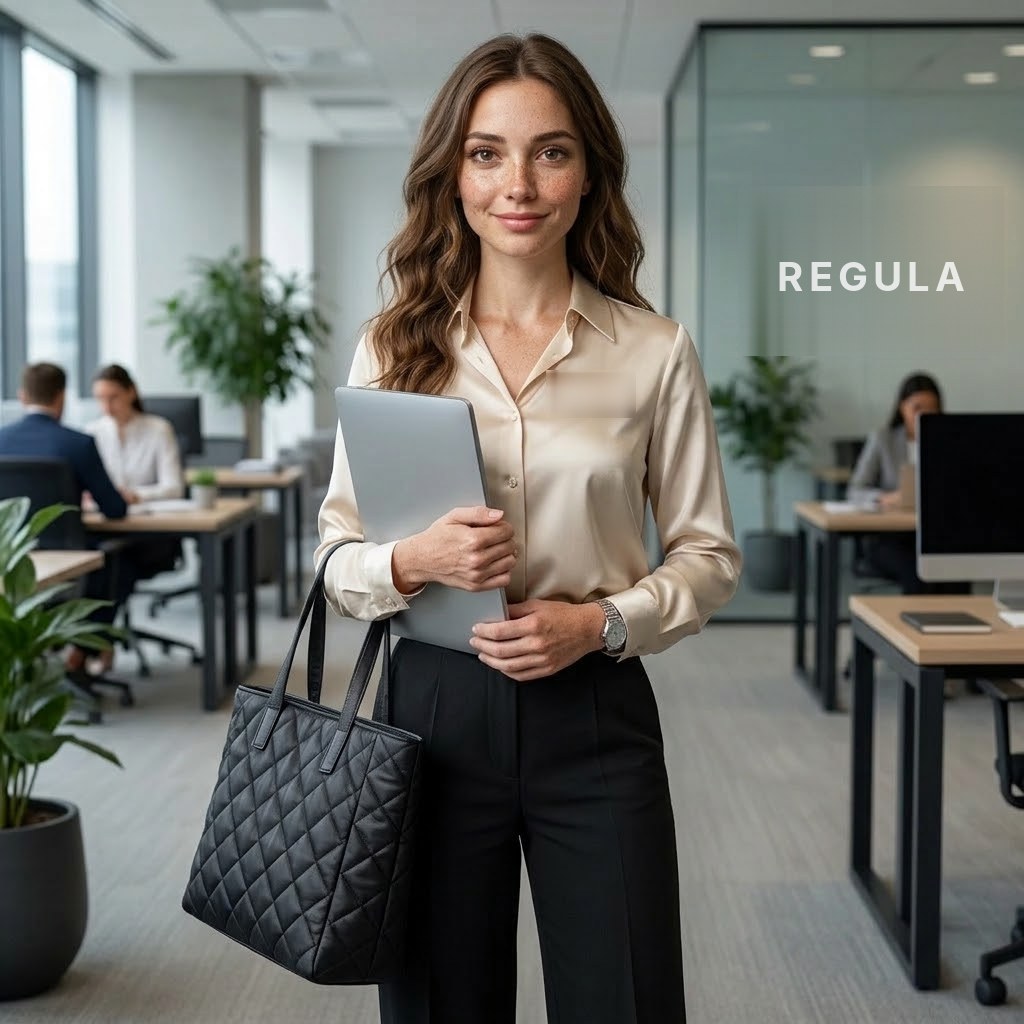 Rachel, REGULA’s AI paralegal, standing in a law office holding a laptop